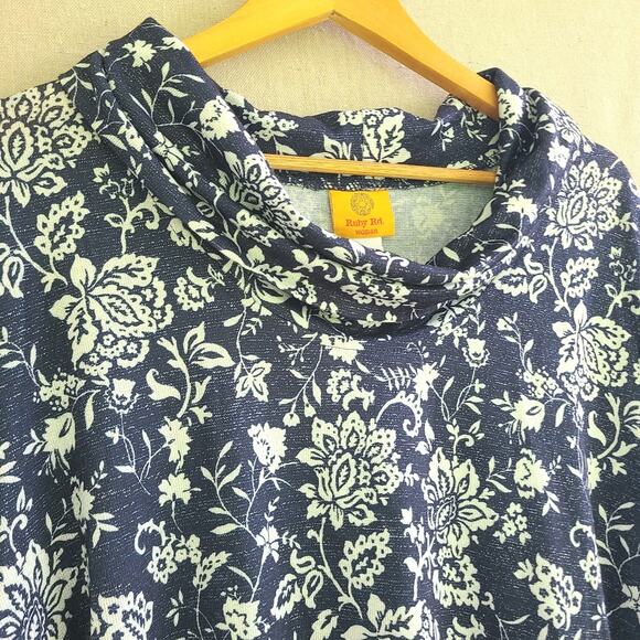 Ruby Rd Floral Cowl Neck 3/4 Sleeve Top Navy Blue Metallic Lightweight Size 2X - Picture 2 of 10